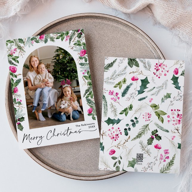Cute Script Bright Pink Greenery Arch 1 Photo Holiday Card (Creator Uploaded)