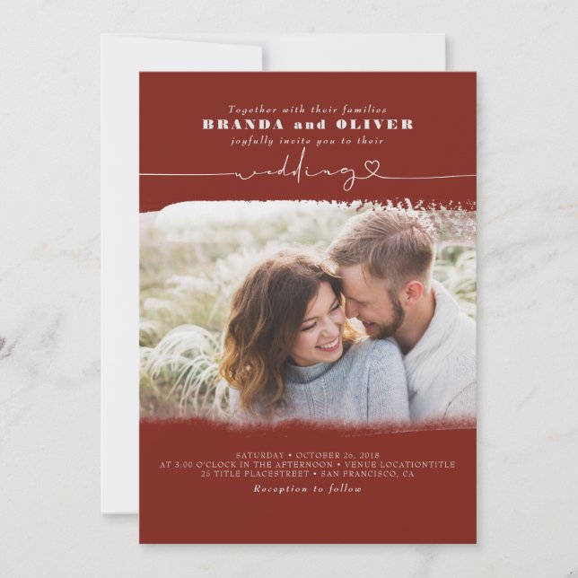 Cute Script Burgundy Red Photo Overlay Wedding Invitation (Front)