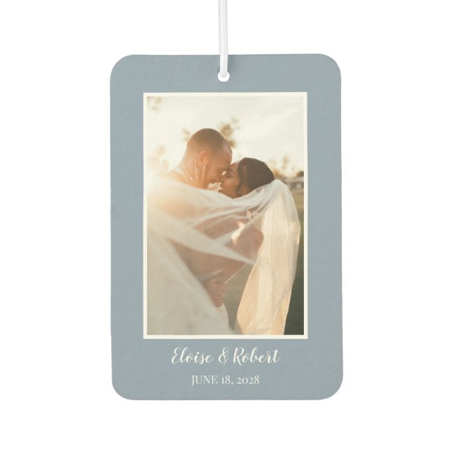 Cute Script Dusty Blue Wedding Anniversary Photo Car Air Freshener (Front)