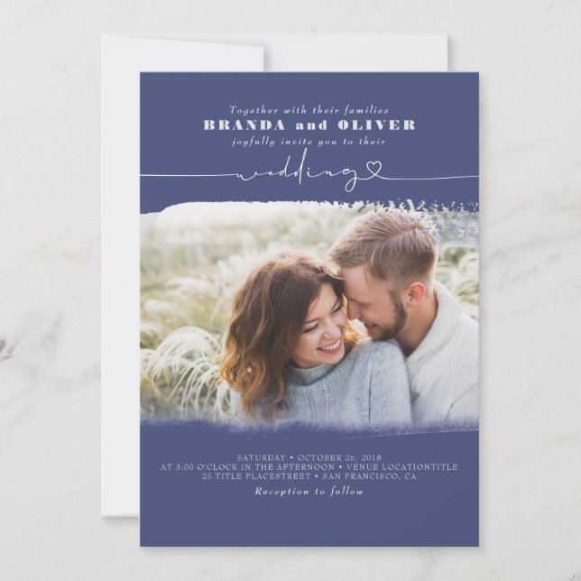 Cute Script Navy Blue Photo Overlay Wedding Invitation (Front)