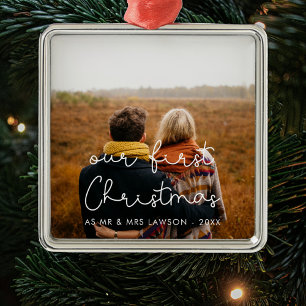 Cute script Our First Christmas couple photo Metal Ornament