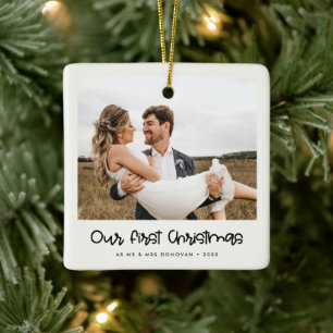 Cute script Our First Christmas photo Ceramic Ornament