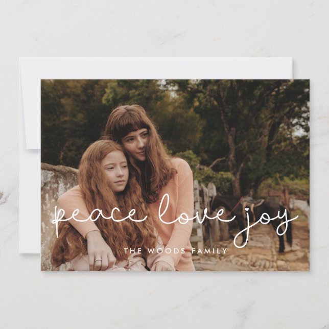 Cute script Peace Love Joy Holiday photo card (Front)