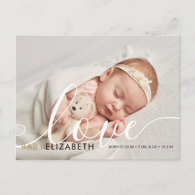 Cute Script Photo Baby Birth Announcement Postcard (Front)