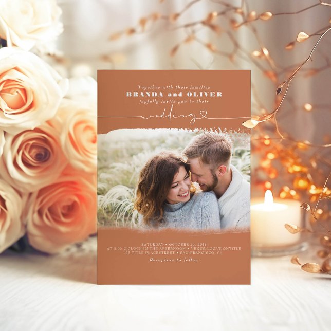 Cute Script Terracotta Photo Overlay Wedding Invitation (Terracotta Wedding Photo Invitations)