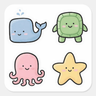 Cute Sea Animal Stickers 4 Pack | Whale Turtle...