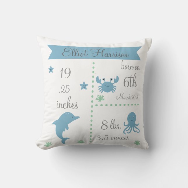 Cute Sea Animals Baby Boy Announcement Pillow (Front)