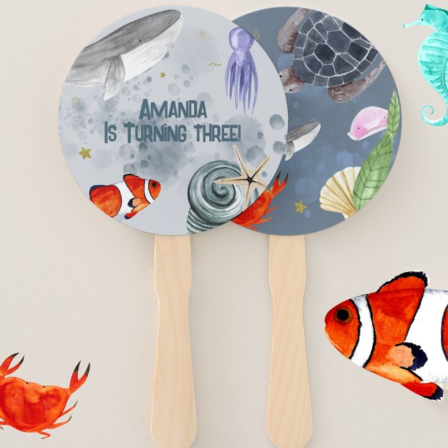 Cute Sea Animals Kids Birthday Party Blue  Hand Fan (Creator Uploaded)
