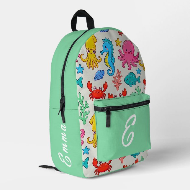 Cute Sea Animals Pattern Custom Monogram Name Kids Printed Backpack (Back Corner Left)