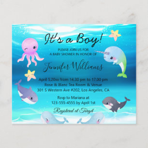 Cute Sea Creatures Ocean Boy Baby Shower Invite Flyer