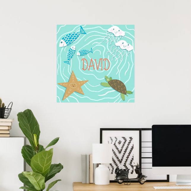 Cute Sea Creatures Personalised Wall Art  (Home Office)