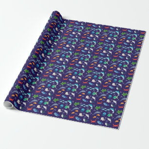 Cute sea creatures swimming underwater wrapping paper