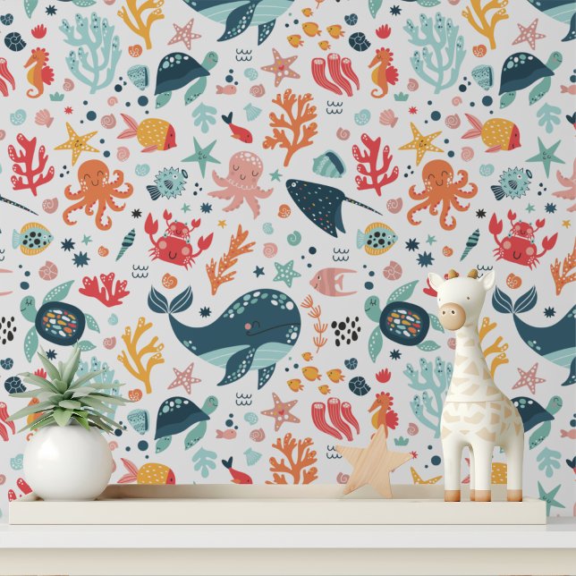 Cute Sea Creatures Turtle Whale Kids Pattern Wallpaper (Creator Uploaded)
