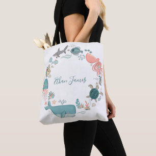 Cute Sea Creatures Watercolor Personalised Diaper Tote Bag