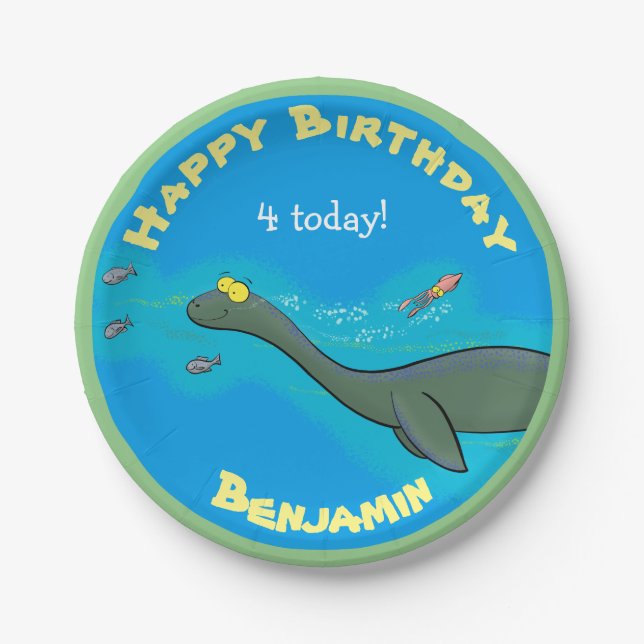 Cute sea dinosaur cartoon personalised birthday paper plate (Front)