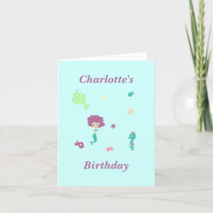 Cute sea life mermaid fishes name on blue thank you card