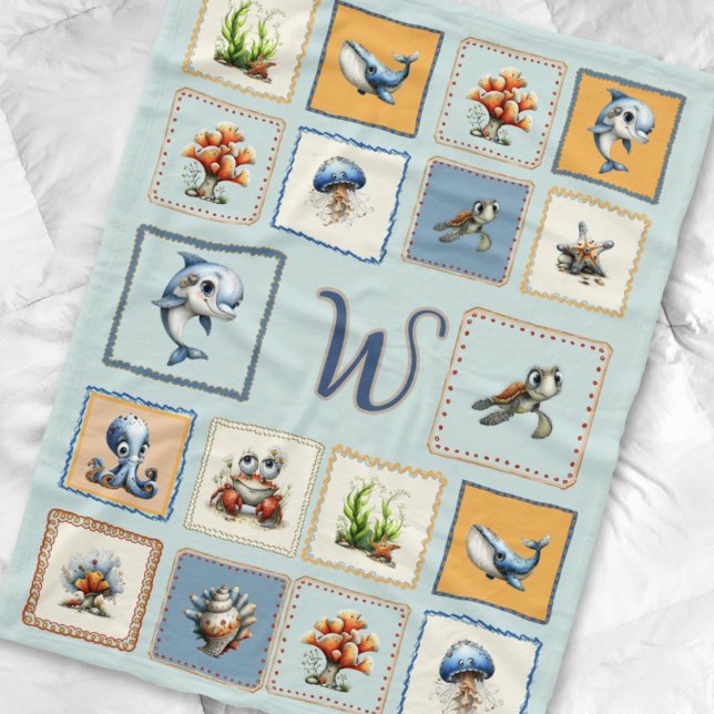 Cute Sea Life Patches Monogram Initial  Fleece Blanket (Creator Uploaded)