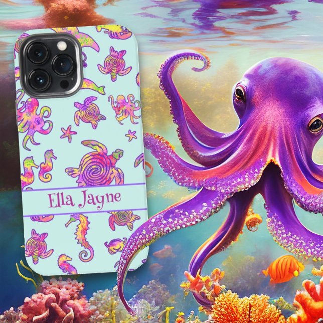Cute Sea Life Pattern Kids Name iPhone Case (Creator Uploaded)