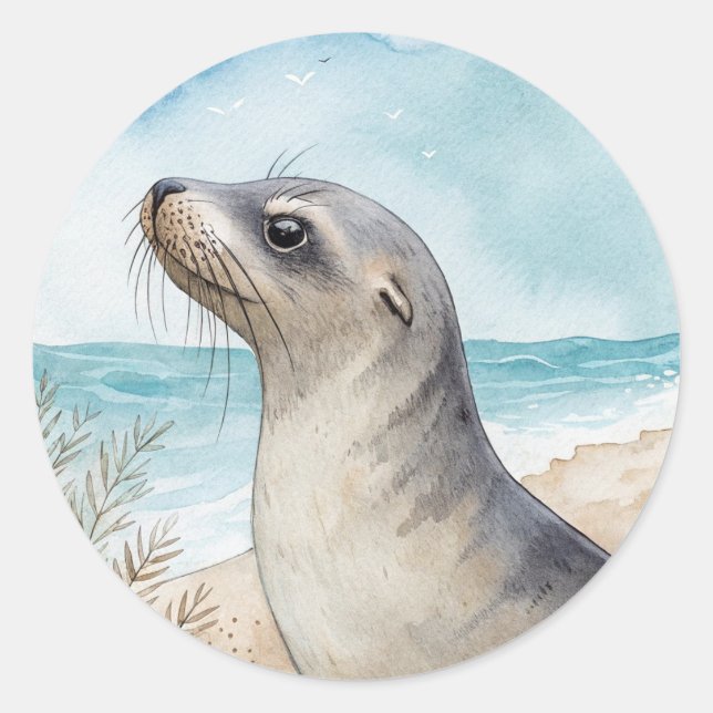 Cute Sea Lion At The Shore Round Sticker (Front)