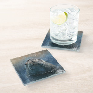 Cute Sea Lion FaceWatercolor Wildlife Glass Coaster