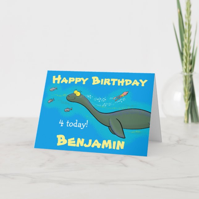 Cute sea monster plesiosaur cartoon illustration card (Front)