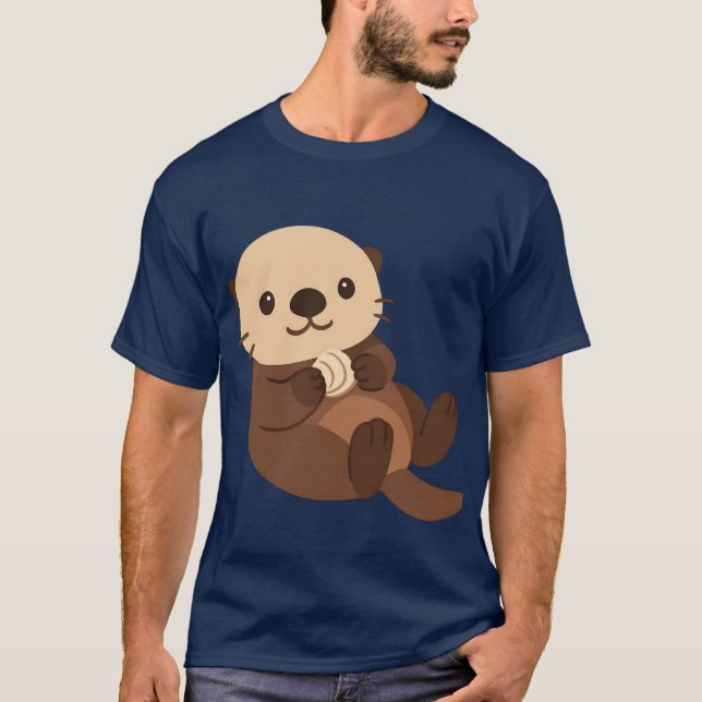 Cute Sea Otter Holding Shell  T-Shirt (Front)