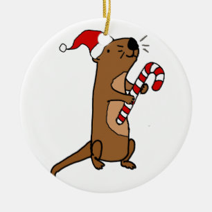 Cute Sea Otter in Santa Hat Christmas Cartoon Ceramic Ornament