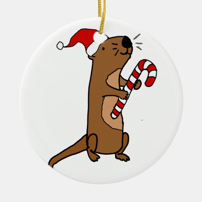 Cute Sea Otter in Santa Hat Christmas Cartoon Ceramic Ornament (Front)