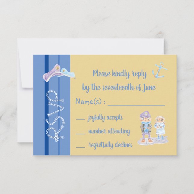Cute Sea Otters Cartoon Blue and Beige RSVP Card (Front)