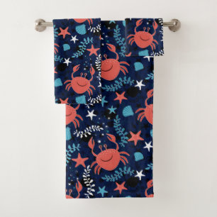Cute sea pattern with crabs. bath towel set