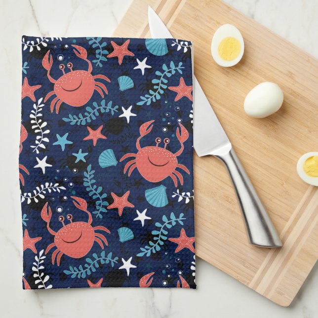 Cute sea pattern with crabs. tea towel (Quarter Fold)
