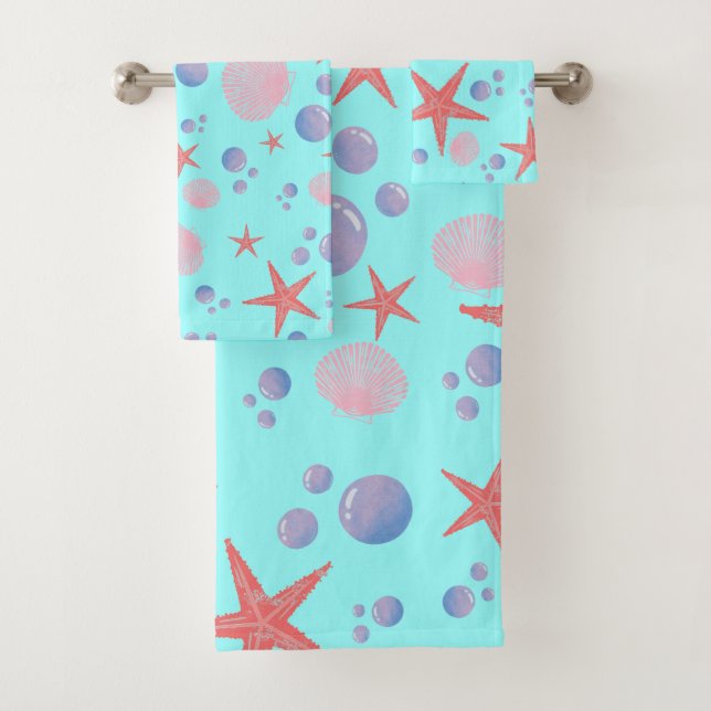 Cute Sea Shell starfish Coastal Summer Ocean Beach Bath Towel Set (Insitu)