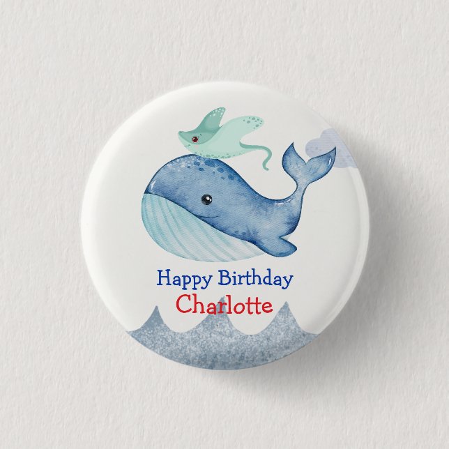 Cute Sea stingray whale fish Birthday party 3 Cm Round Badge (Front)