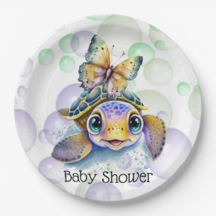 Cute Sea Turtle and a Butterfly Baby Shower Paper Plate