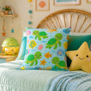 Cute Sea Turtle and Tropical Fish Nursery Cushion