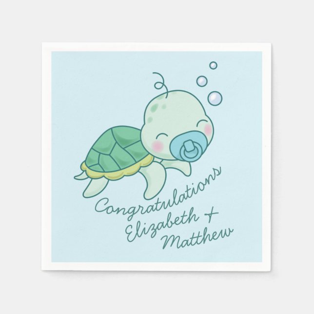 Cute Sea Turtle Baby Shower Kawaii Blue Boy Napkin (Front)