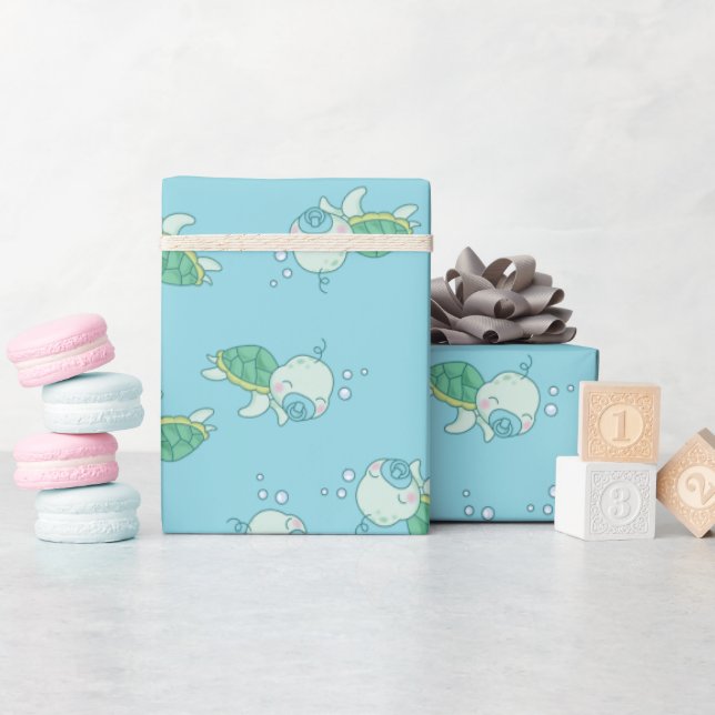 Cute Sea Turtle Baby Shower Kawaii Blue Boy Wrapping Paper (Baby Shower)