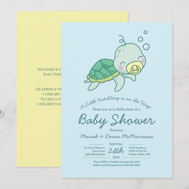 Cute Sea Turtle Baby Shower Kawaii Invitation (Front/Back)