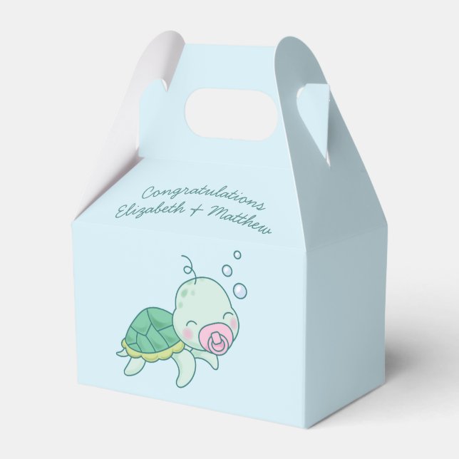 Cute Sea Turtle Baby Shower Kawaii Pink Girl Favour Box (Front Side)
