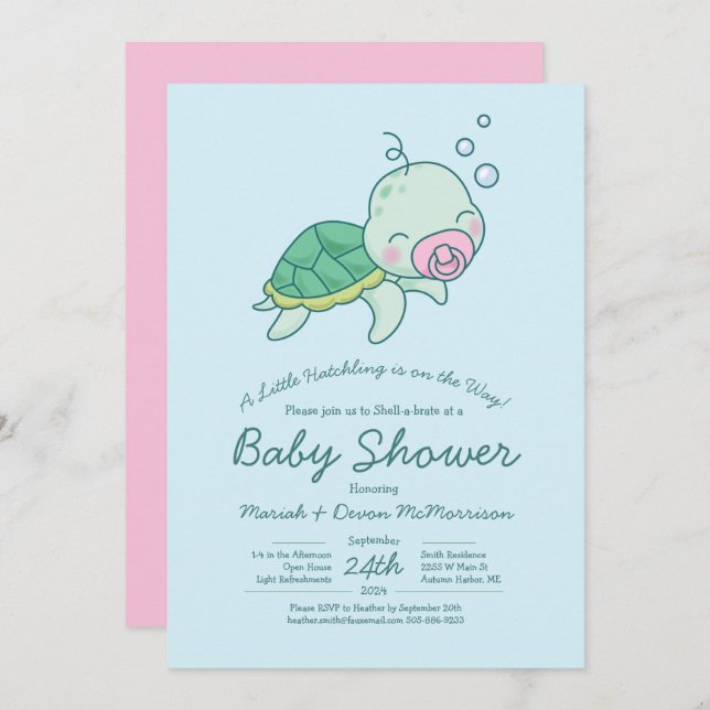 Cute Sea Turtle Baby Shower Kawaii Pink Girl Invitation (Front/Back)