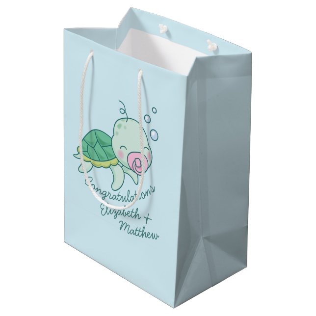 Cute Sea Turtle Baby Shower Pink Girl Medium Gift Bag (Back Angled)