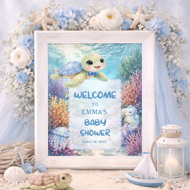 Cute Sea Turtle Boy Baby Shower Welcome Poster (Creator Uploaded)