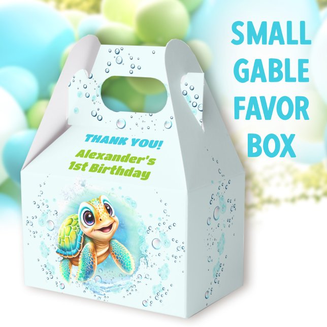 Cute Sea Turtle Boy Pool Party 1st Birthday Favour Box (Cute Turtle Small Gable Favor Boxes - You can choose from 3 sizes of these gable favor boxes)