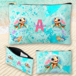 Cute Sea Turtle Girl Ocean Pink Turquoise Name Accessory Pouch