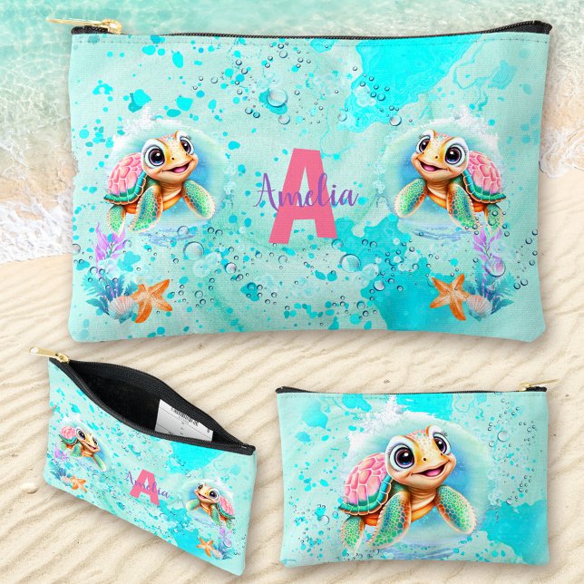 Cute Sea Turtle Girl Ocean Pink Turquoise Name Accessory Pouch (Cute Sea Turtle Girl Ocean Pink Turquoise Name Accessory Pouch)