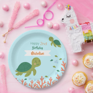 Cute Sea Turtle & Green Fish Birthday Party  Paper Plate