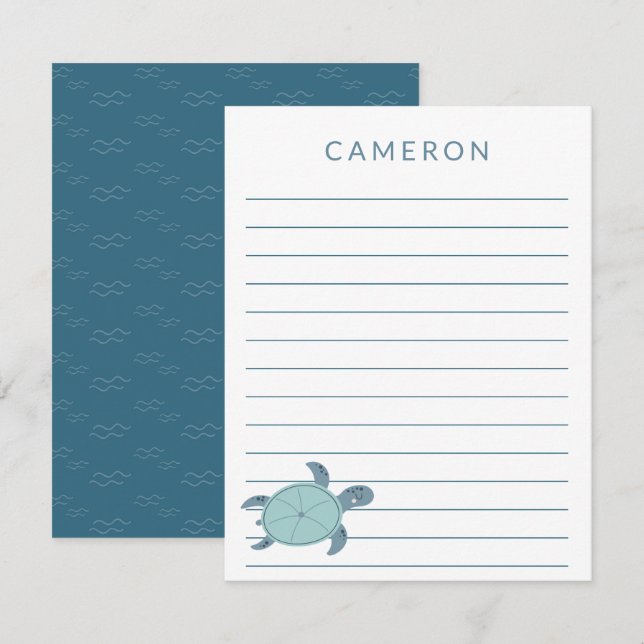 Cute Sea Turtle in Blue Personalised Kids Lined   Card (Front/Back)
