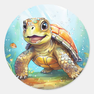 Cute Sea Turtle in the Ocean Cartoon Classic Round Sticker
