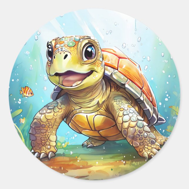 Cute Sea Turtle in the Ocean Cartoon Classic Round Sticker (Front)
