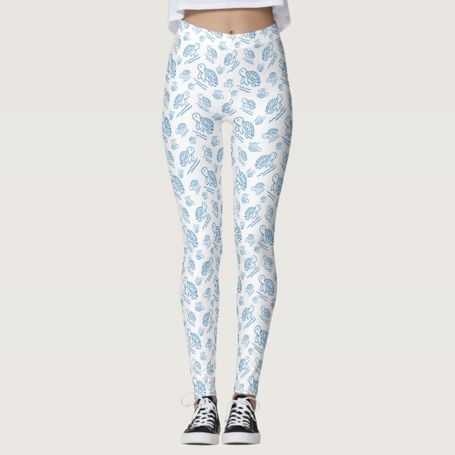 Cute Sea Turtle Nautical Doodle Pattern Leggings (Front)